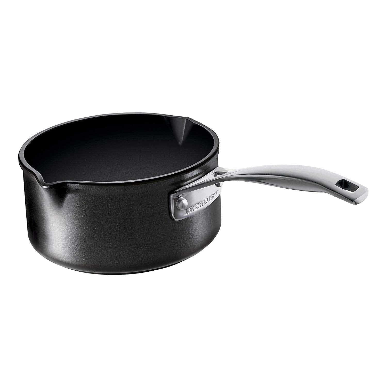 Black saucepan with a silver handle on a white background
