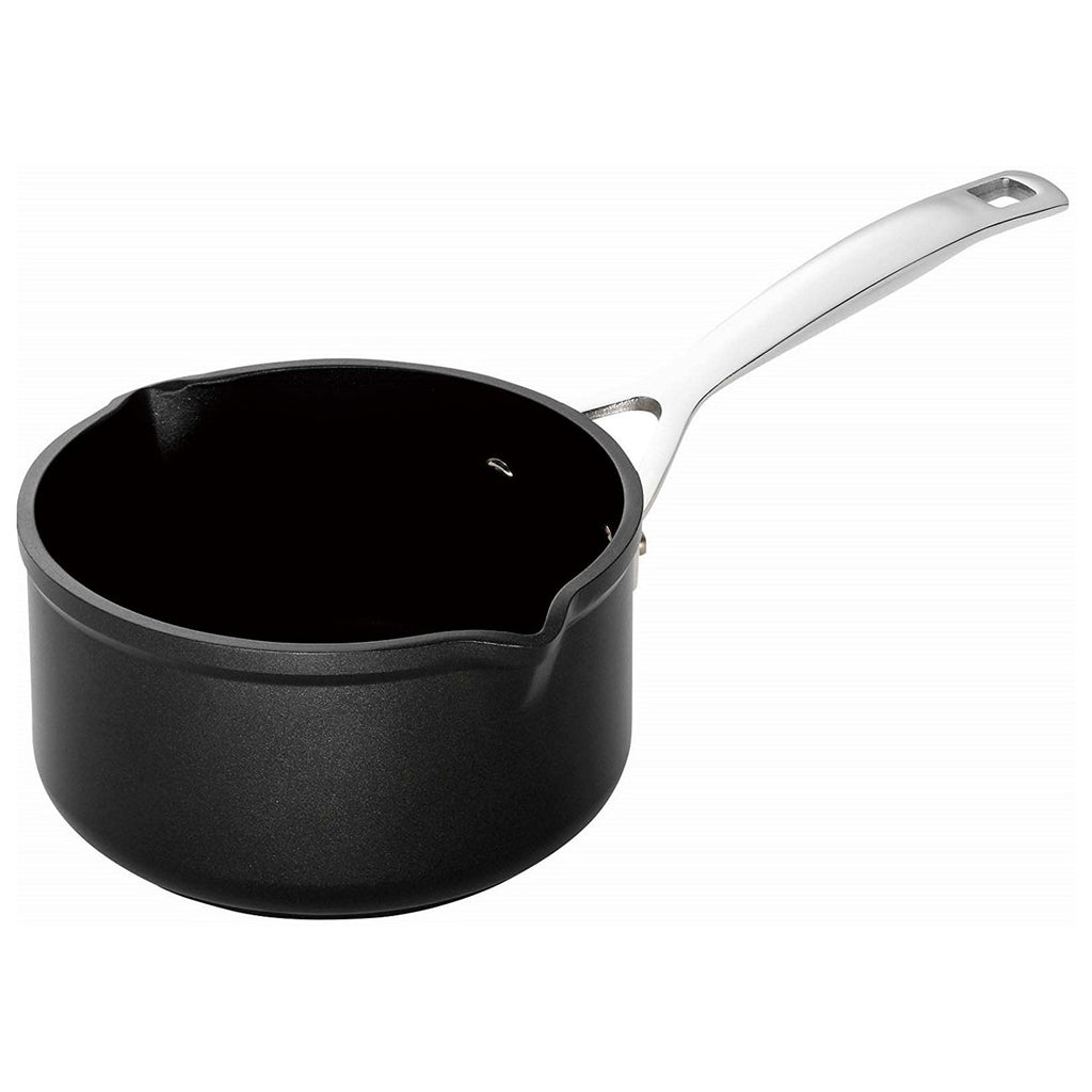 Black saucepan with a silver handle on a white background