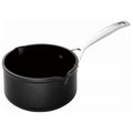 Black saucepan with a silver handle on a white background