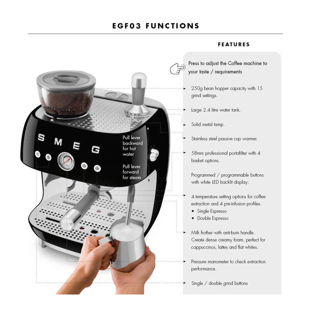 Smeg Espresso Coffee Machine with Grinder in Black EGF03BLUK image 4