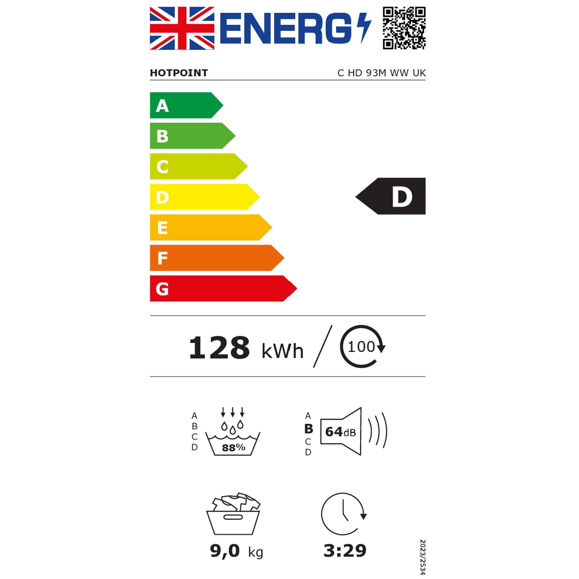Hotpoint CHD93MWWUK 9kg, Sensor Dry, Freestanding Heat Pump Tumble Dryer, White