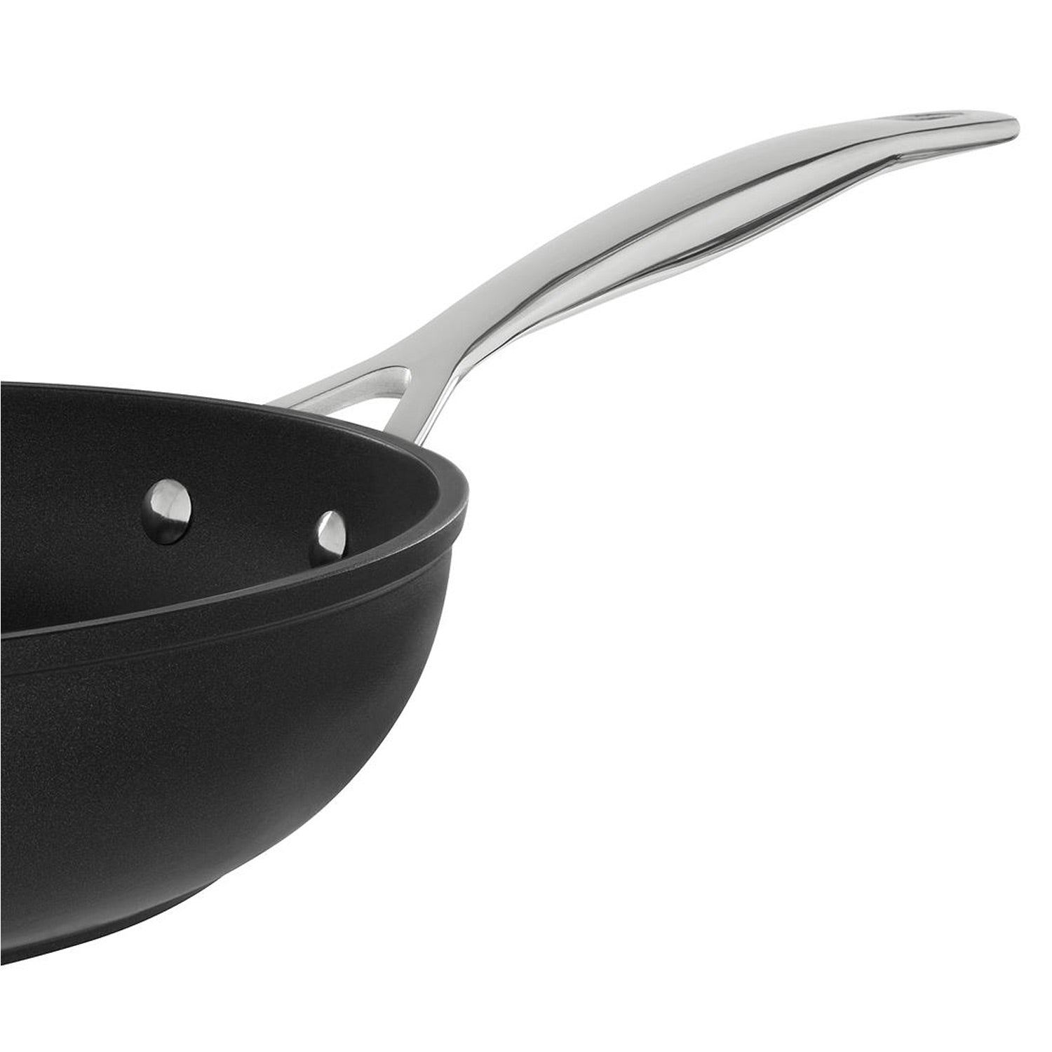 Black frying pan with a silver handle on a white background
