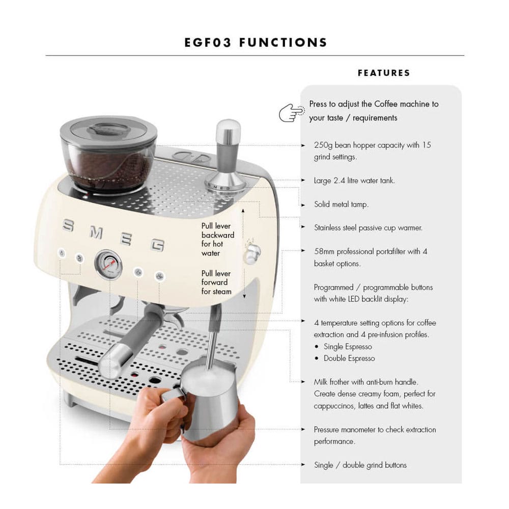 Smeg Espresso Coffee Machine with Grinder in Cream EGF03CRUK image 5