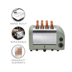 Sage green Dualit toaster with 4 slots on a white background, featuring text about its features.