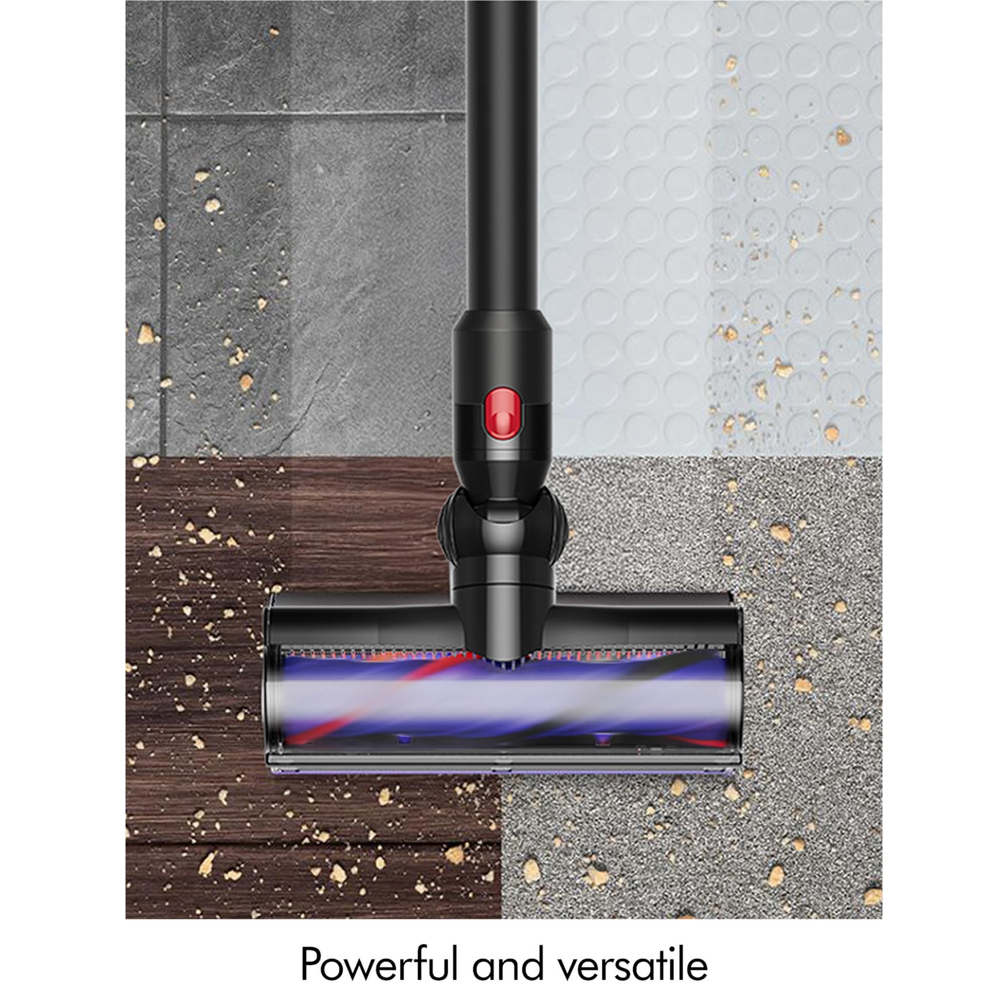 Vacuum cleaner head on a textured floor with 'Powerful and versatile' text below.