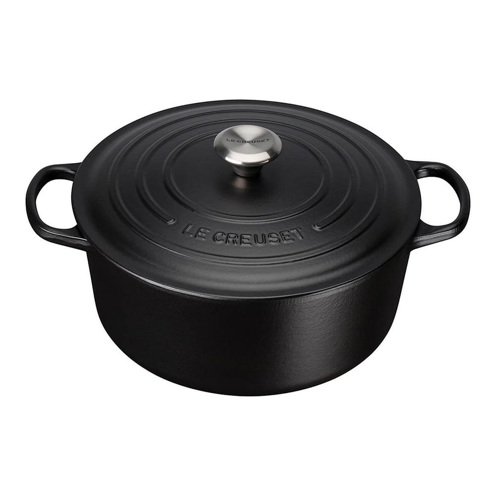 Le Creuset Satin Black casserole with Le Creuset logo on a white background