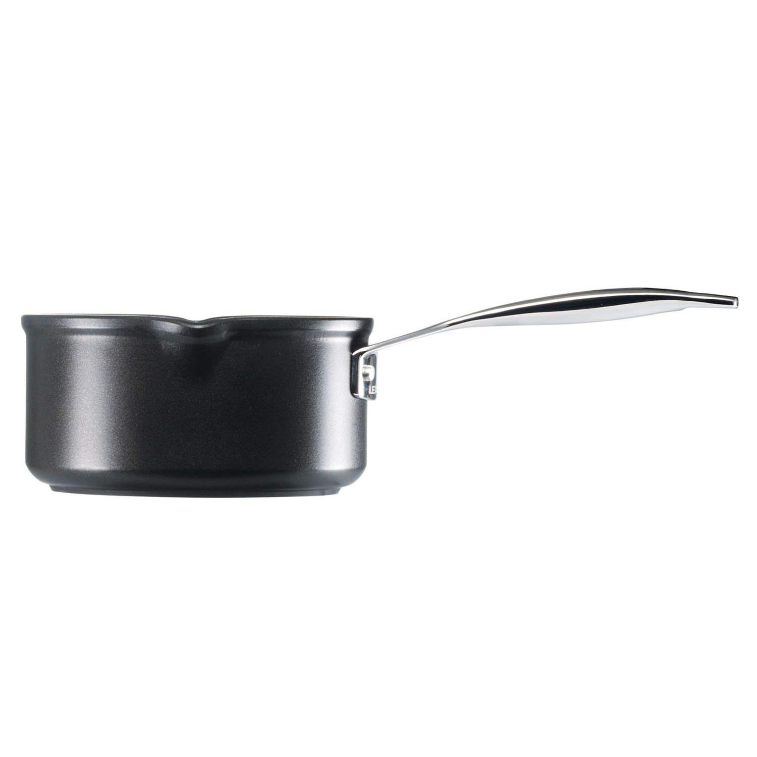 Black saucepan with a silver handle on a white background